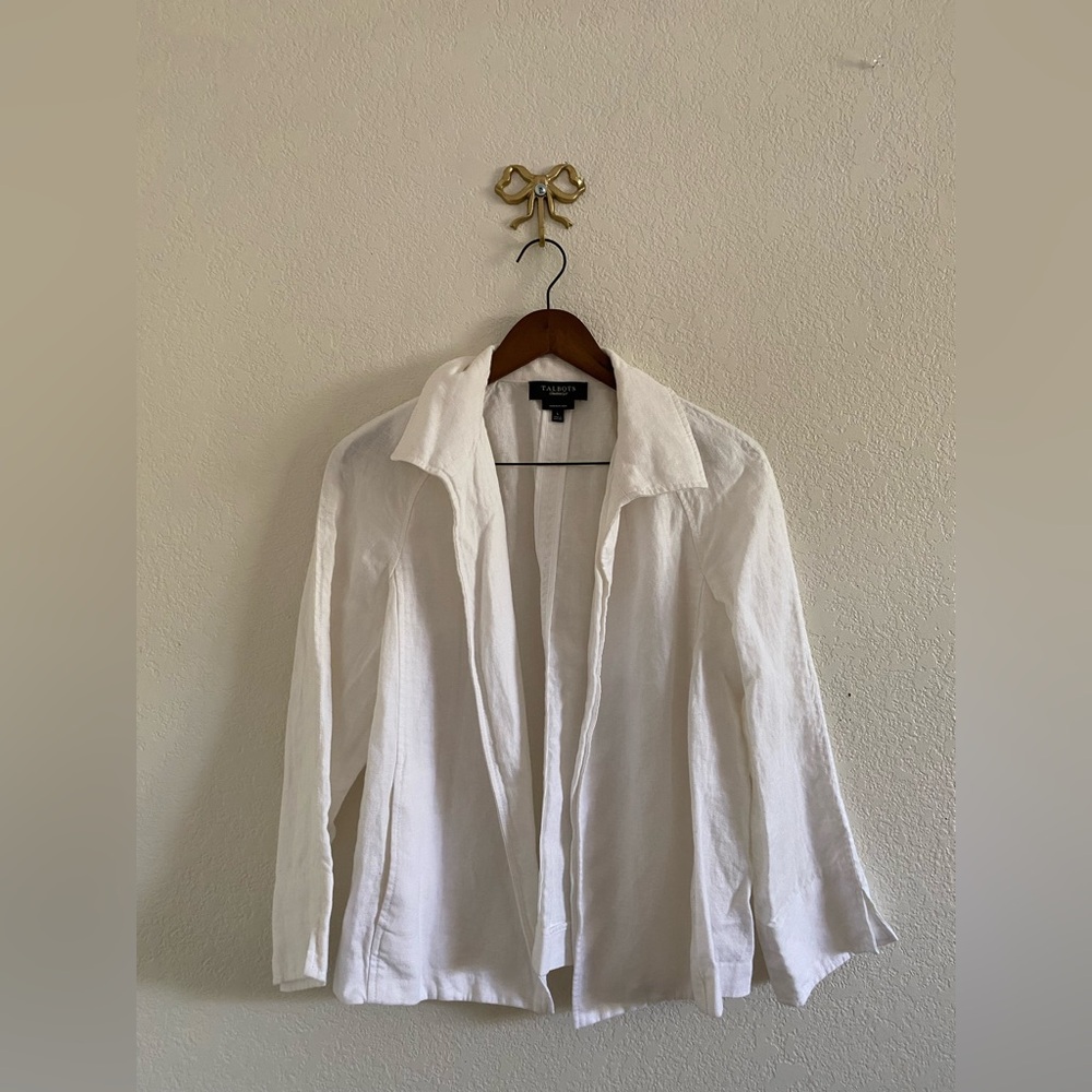 Talbots 100% Pure Irish Linen White Open Front Jacket Long Sleeve Large Pockets